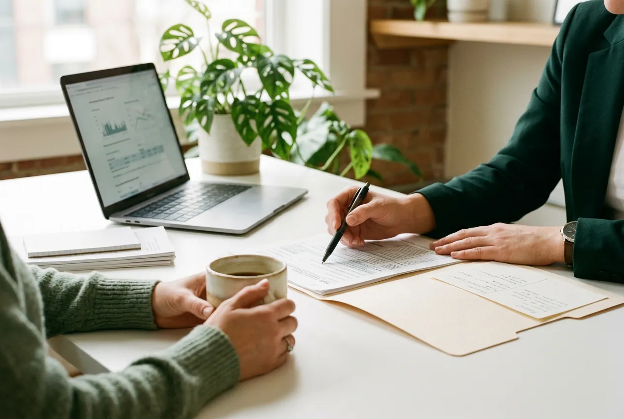 A tax professional reviewing a return with a client across a desk