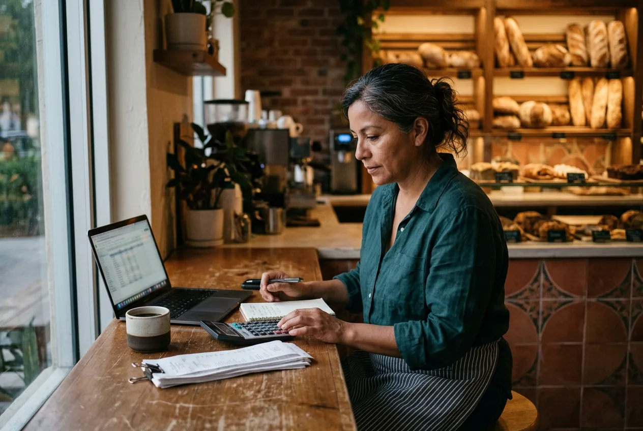 A bakery-café owner reviewing her business finances on a laptop at the counter, with receipts and a calculator beside her