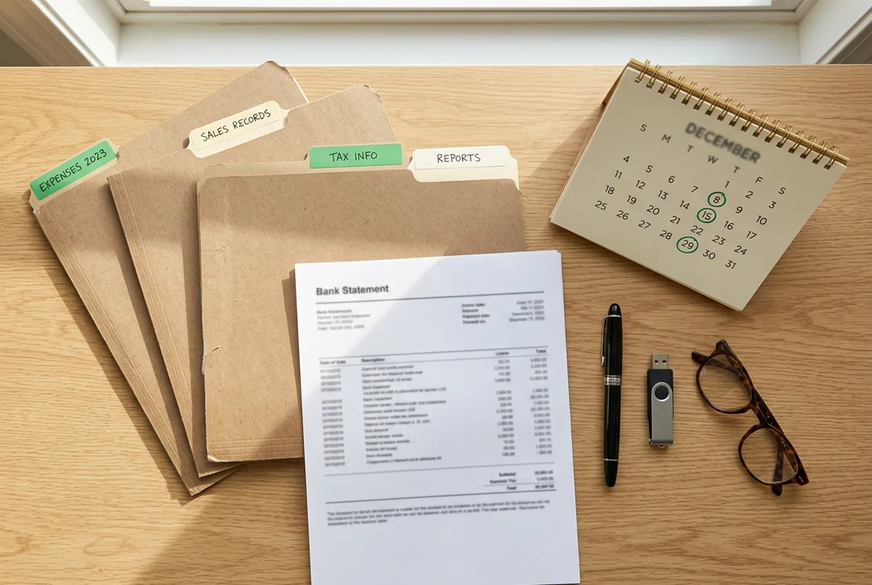 Year-end business paperwork organized into labeled folders next to a bank statement and a desk calendar with dates circled