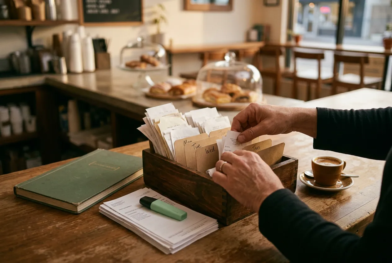 A small business owner sorting the day’s receipts into a box at a café counter