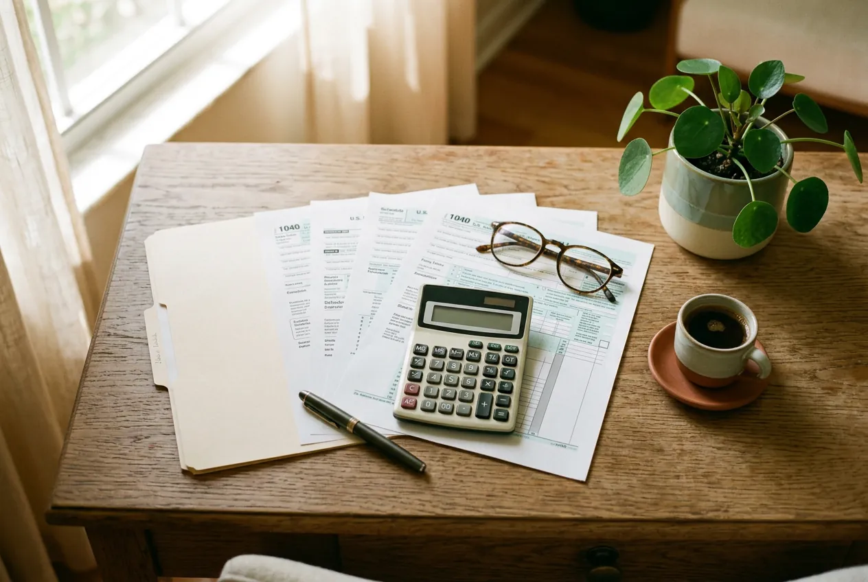 Tax forms, a calculator and a cup of coffee on a sunny desk