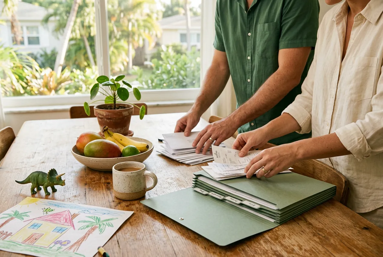 A couple sorting receipts and tax papers at their kitchen table