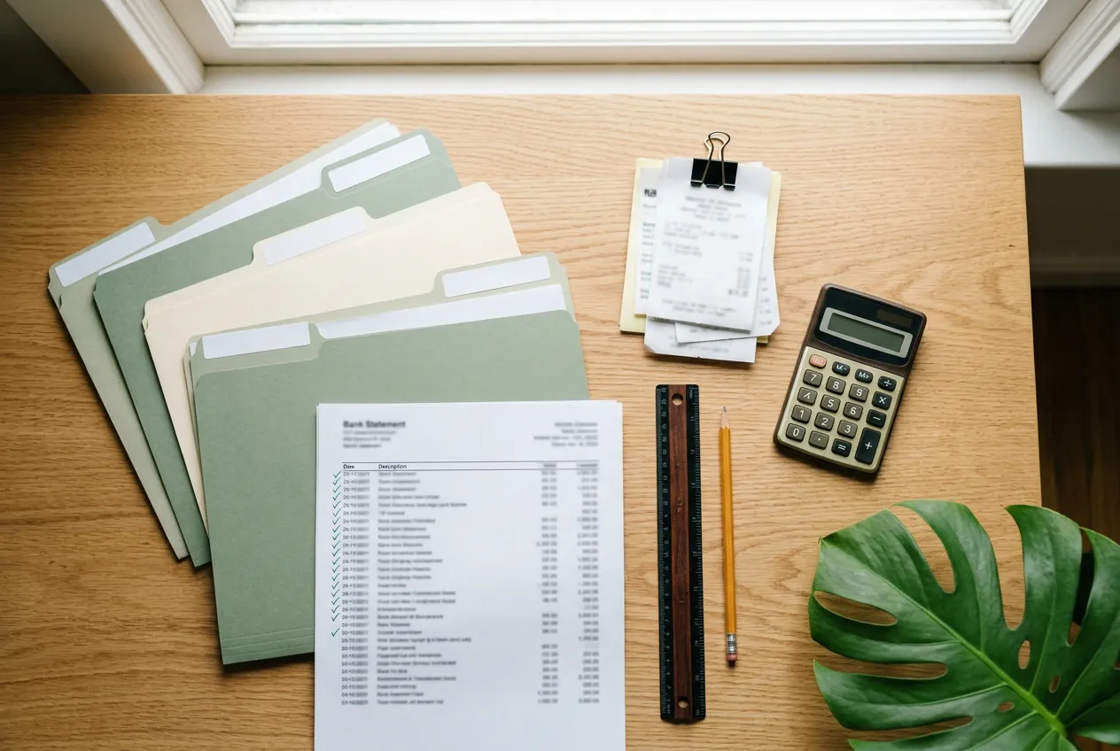 Organized file folders, a checked-off bank statement, receipts and a calculator on a desk