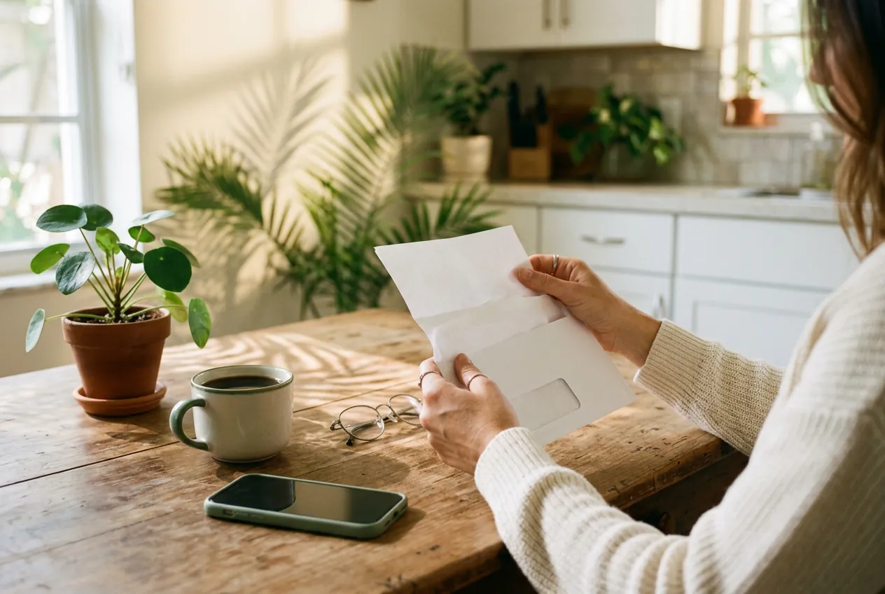 A woman at her kitchen table reading a letter she just took out of its envelope