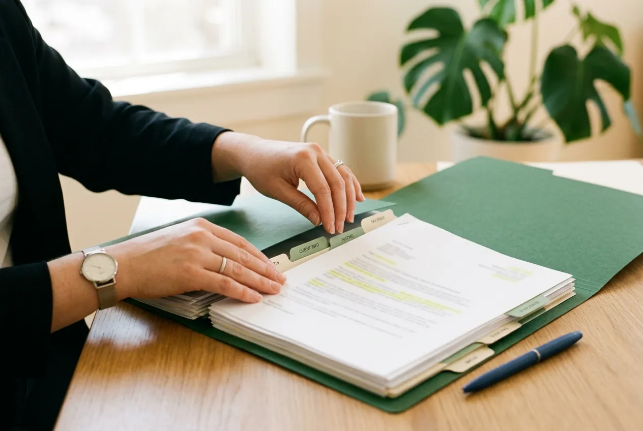 A tax professional organizing a client’s documents into a green folder with tabbed dividers
