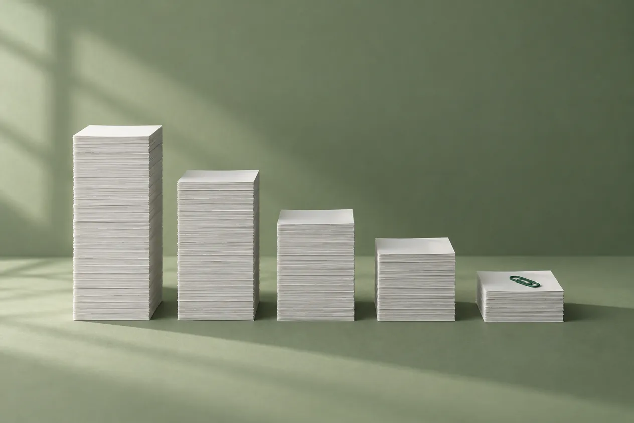Pilas de papel ordenadas de altas a bajas como un gráfico de barras descendente, con un clip verde en la más pequeña