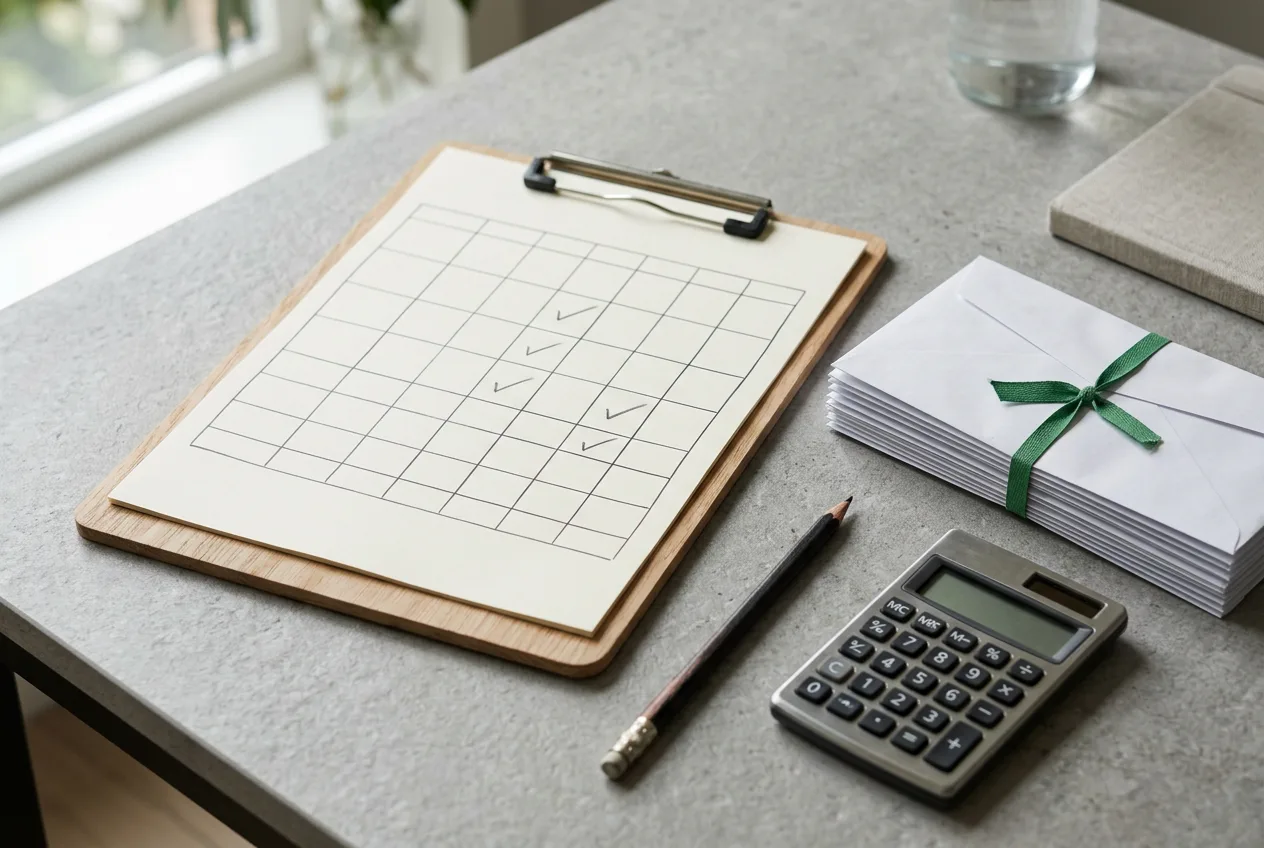 A clipboard with a weekly time sheet beside a stack of sealed pay envelopes and a desk calculator