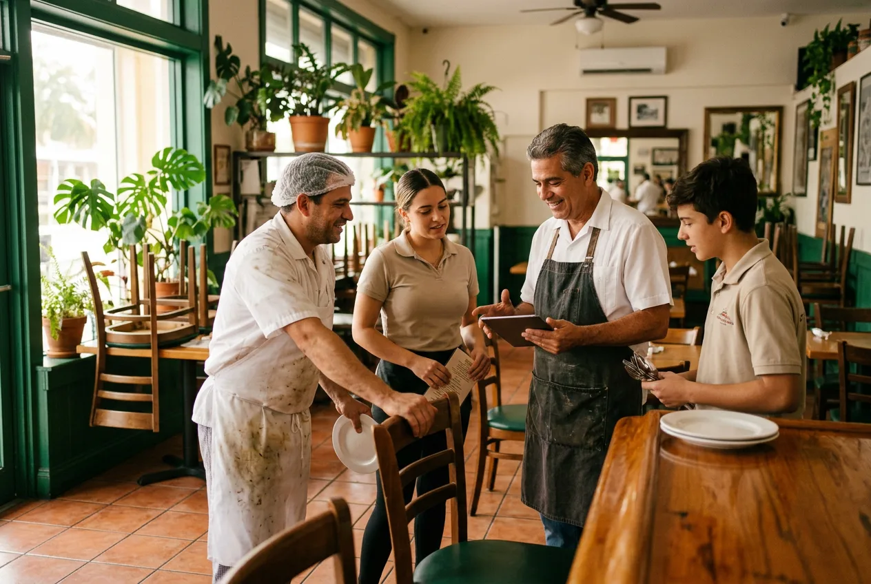A restaurant owner with a tablet talking with his cook, server and host as they set up before opening