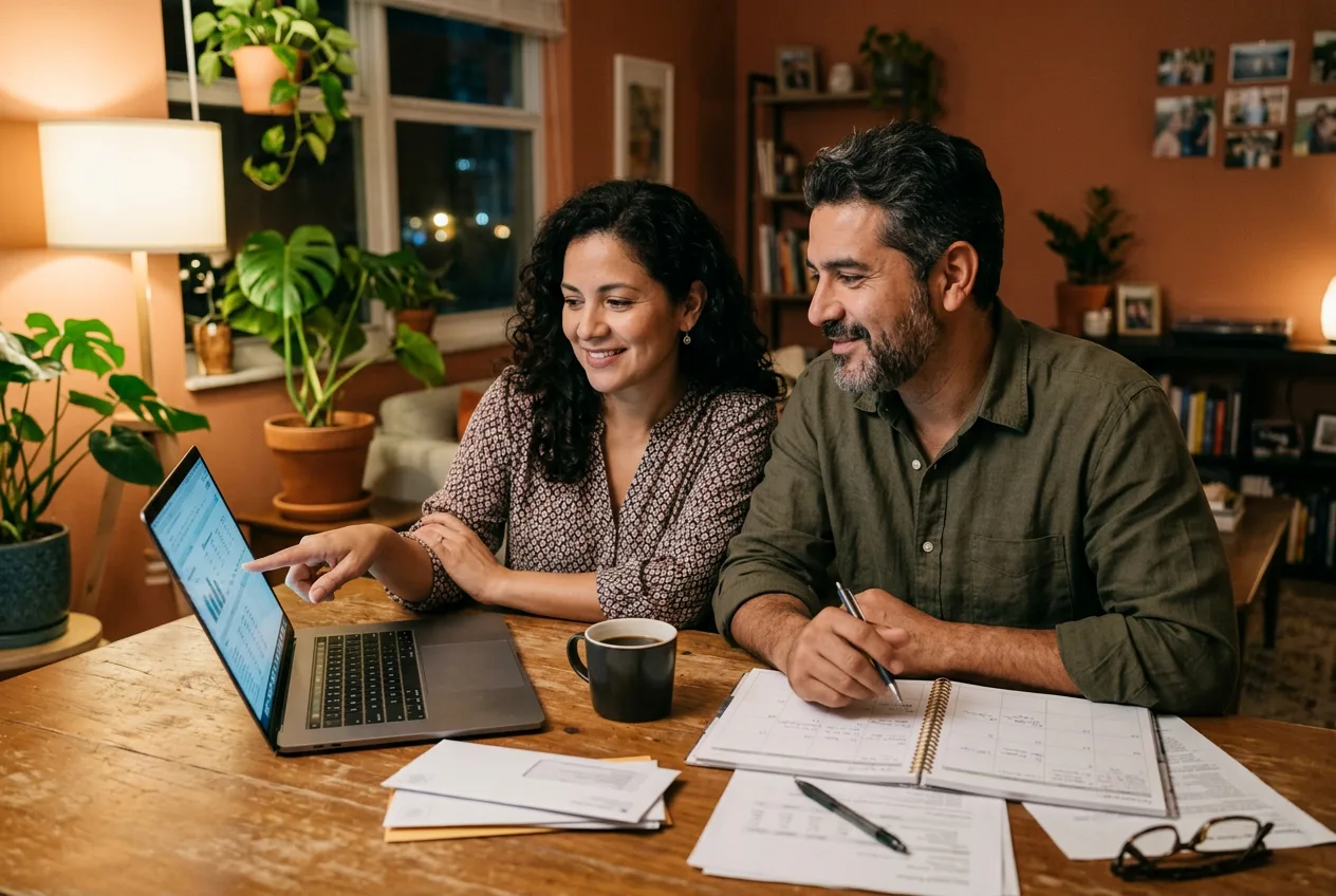 A couple at their dining table reviewing their finances on a laptop, calm and relieved