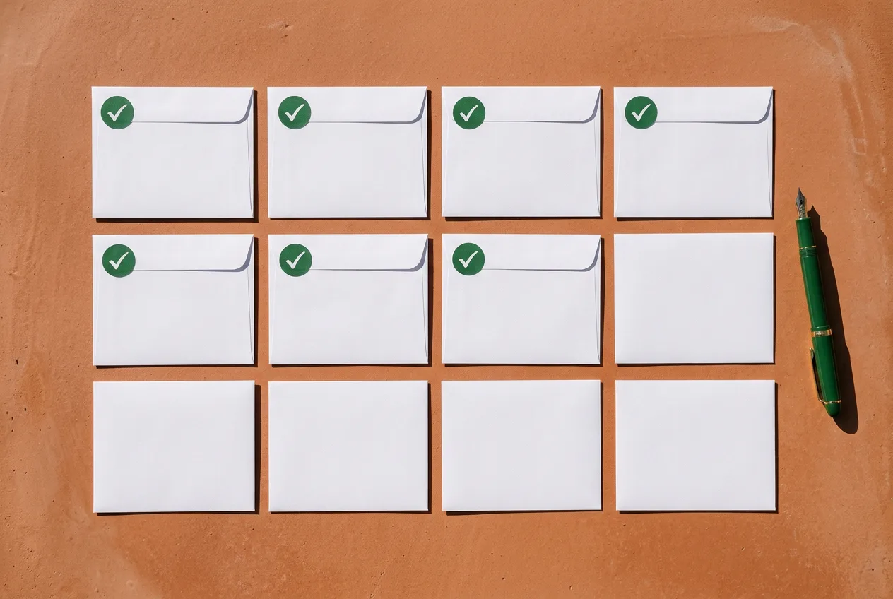 Twelve envelopes laid out in a grid, seven of them marked with green check stickers