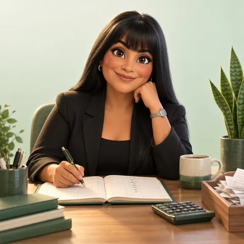 Animated-style illustration of Yulie at her desk with a ledger, a calculator and a tray of receipts